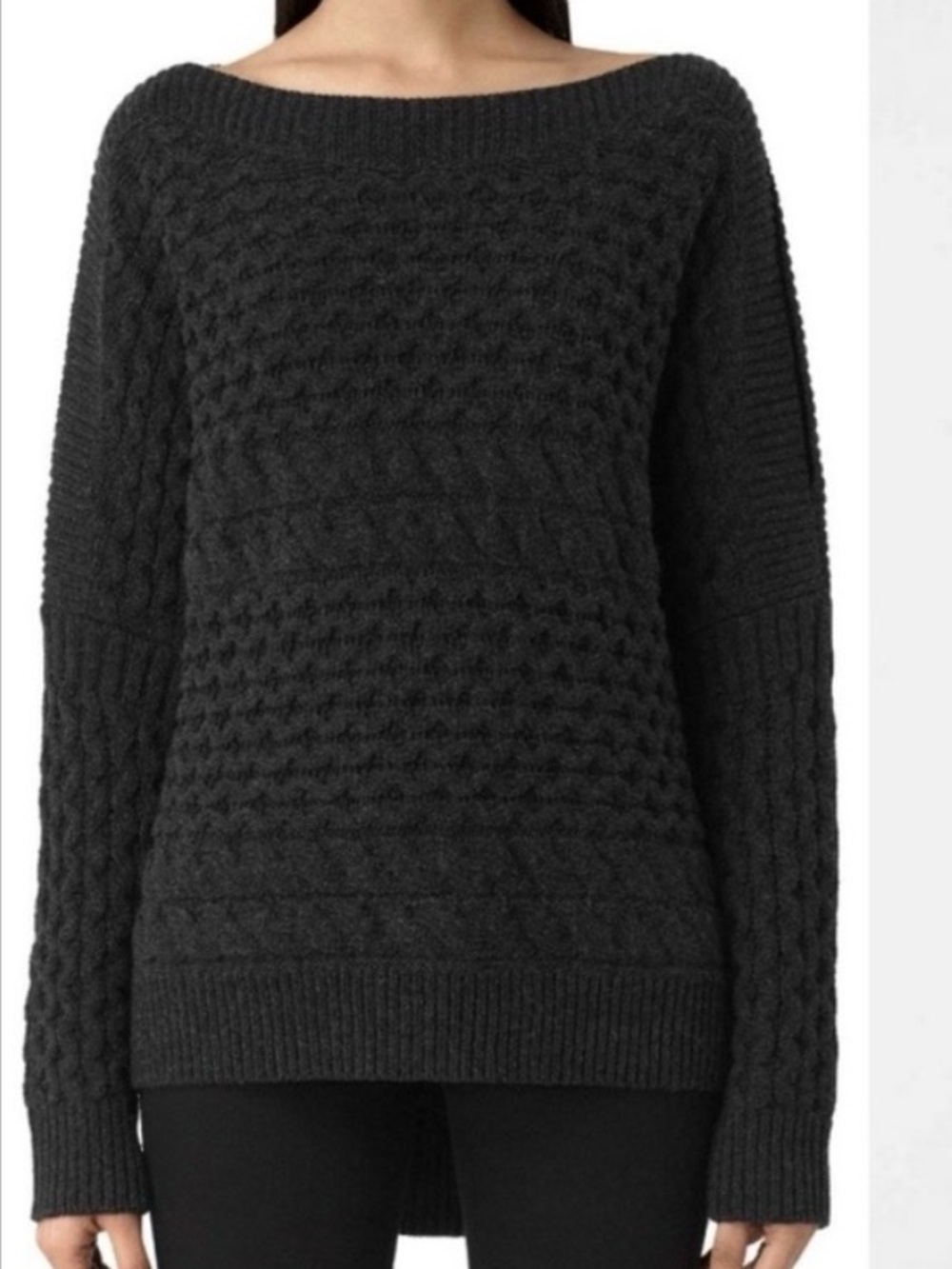 All Saints Reed Charcoal Gray Chunky Knit open arm sweater size S